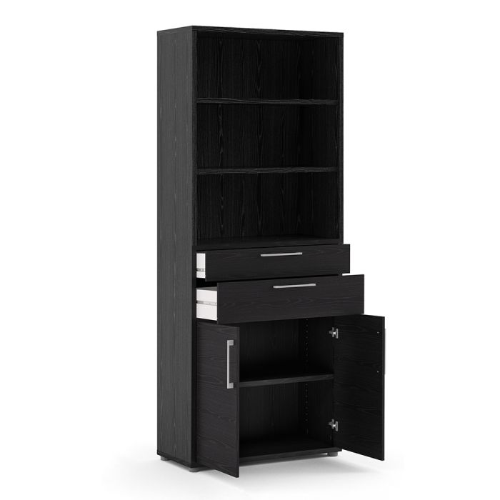 Prima Bookcase 3 Shelves with 2 Drawers 2 Doors In Black Woodgrain