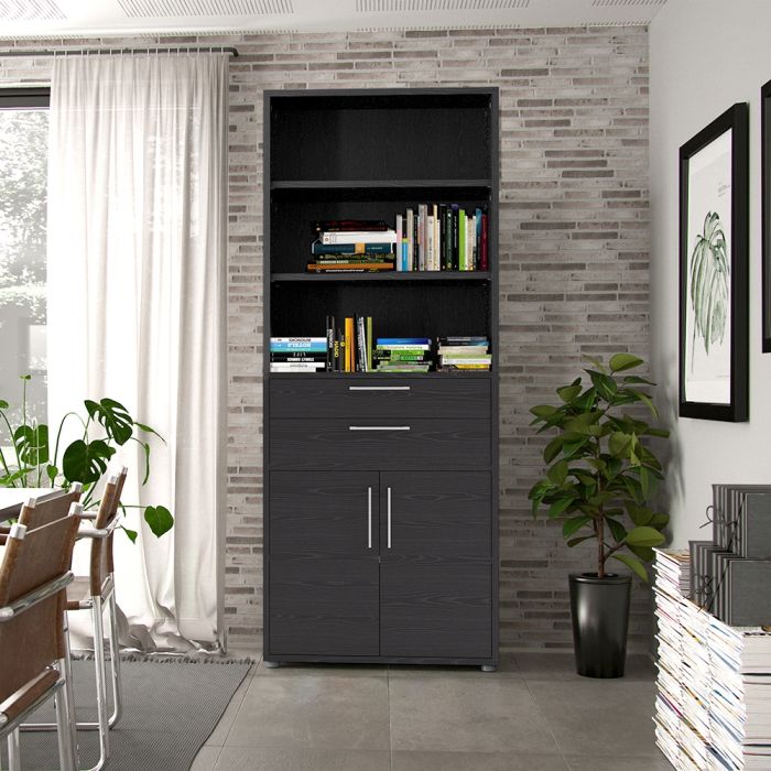 Prima Bookcase 3 Shelves with 2 Drawers 2 Doors In Black Woodgrain