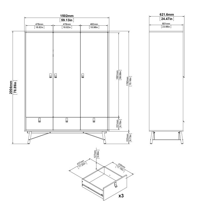 Ry Wardrobe 3 Doors 3 Drawers in Matt Black Walnut