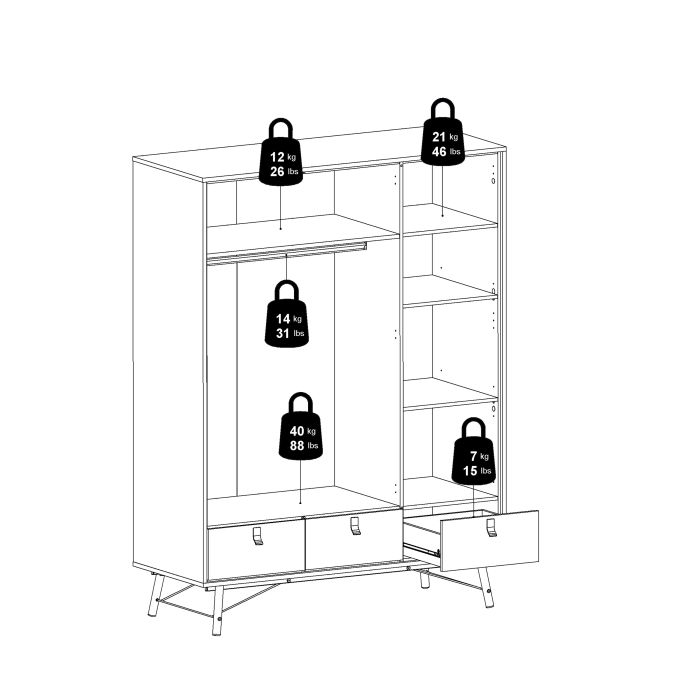 Ry Wardrobe 3 Doors 3 Drawers in Matt Black Walnut