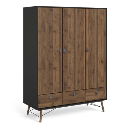 Ry Wardrobe 3 Doors 3 Drawers in Matt Black Walnut