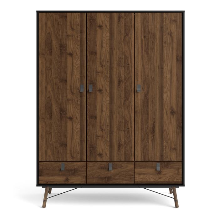 Ry Wardrobe 3 Doors 3 Drawers in Matt Black Walnut