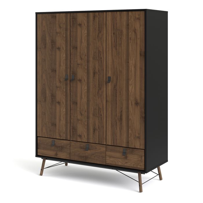 Ry Wardrobe 3 Doors 3 Drawers in Matt Black Walnut