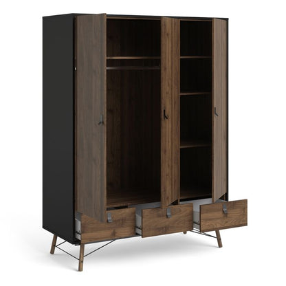 Ry Wardrobe 3 Doors 3 Drawers in Matt Black Walnut