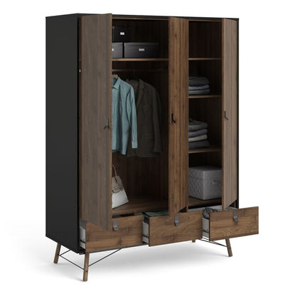 Ry Wardrobe 3 Doors 3 Drawers in Matt Black Walnut