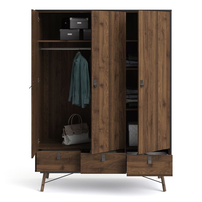 Ry Wardrobe 3 Doors 3 Drawers in Matt Black Walnut