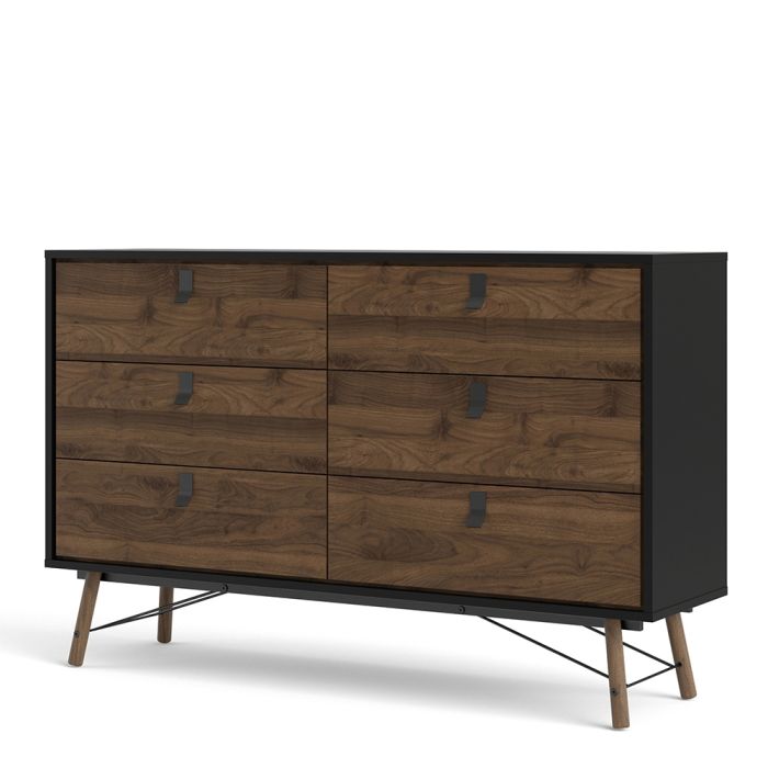 Ry Wide Double Chest of Drawers 6 Drawers in Matt Black Walnut