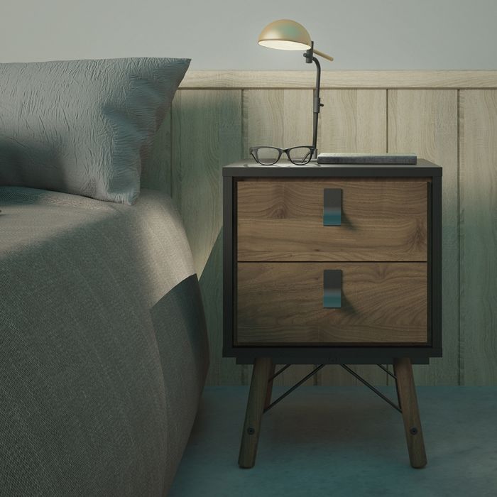 Ry Bedside Cabinet 2 Drawer in Matt Black Walnut