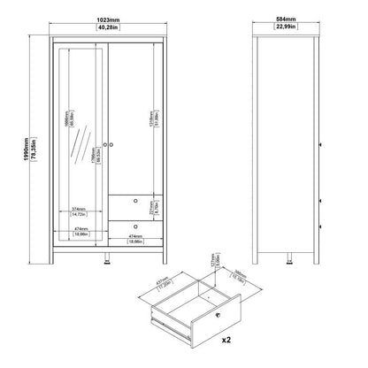 Barcelona Wardrobe with 1 Door 1 Mirror Door 2 Drawers in White