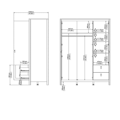 Barcelona Wardrobe with 2 Doors 1 Mirror Door 2 Drawers in White