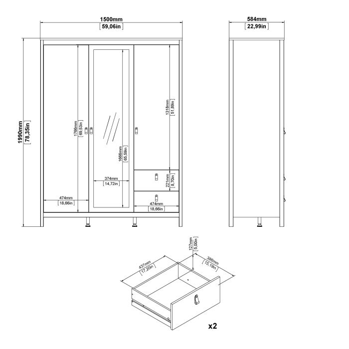 Barcelona Wardrobe with 2 Doors 1 Mirror Door 2 Drawers in White