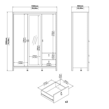 Barcelona Wardrobe with 2 Doors 1 Mirror Door 2 Drawers in White