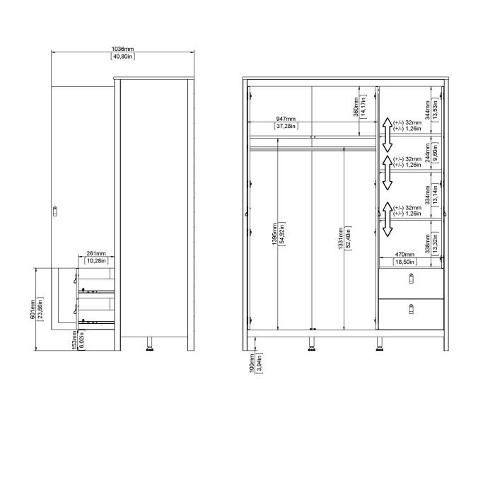 Barcelona Wardrobe with 2 Doors 1 Mirror Door 2 Drawers in Matt Black