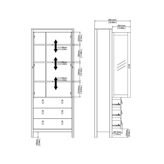 Barcelona China Cabinet 2 Glass Doors with 3 Drawers in White