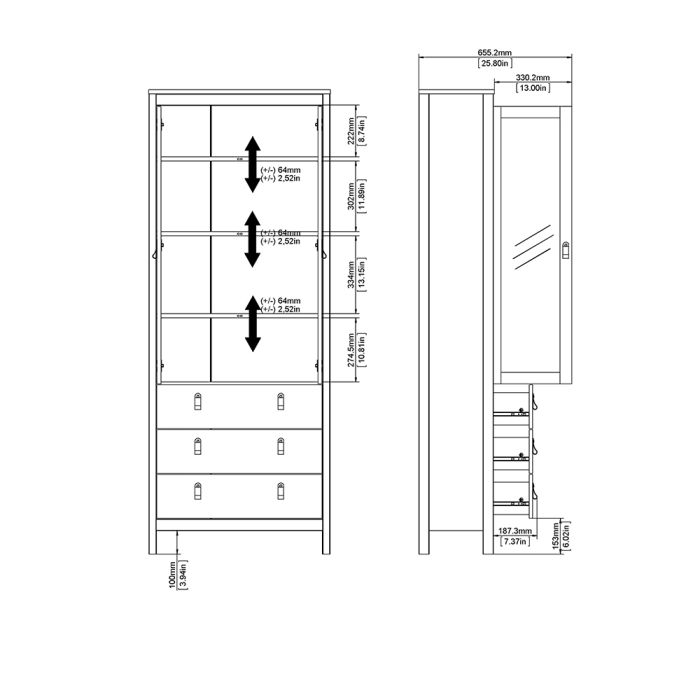 Barcelona China Cabinet 2 Glass Doors with 3 Drawers in Matt Black