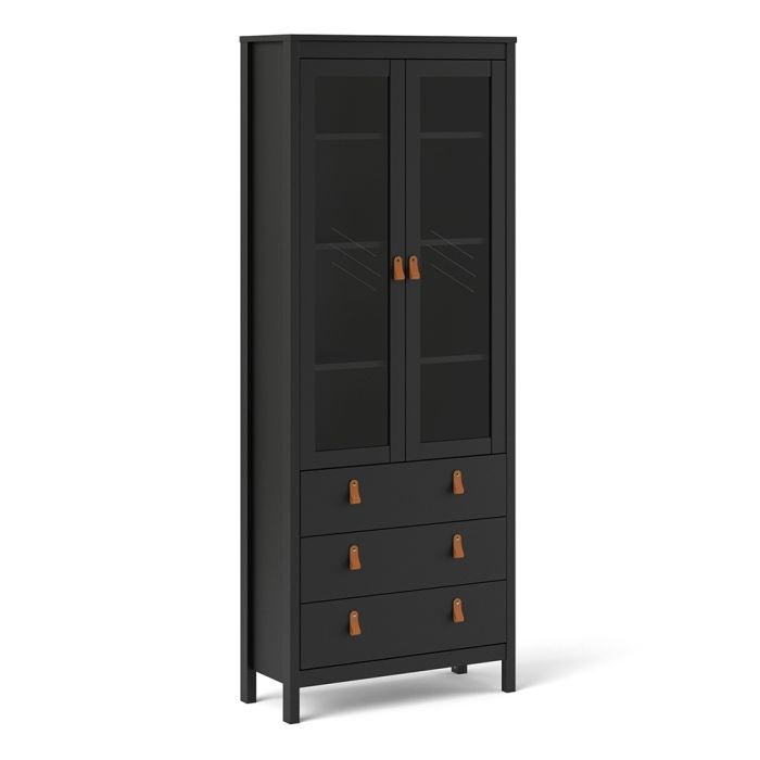 Barcelona China Cabinet 2 Glass Doors with 3 Drawers in Matt Black