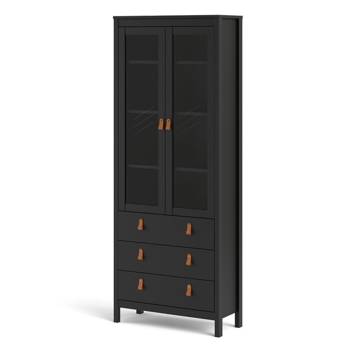 Barcelona China Cabinet 2 Glass Doors with 3 Drawers in Matt Black