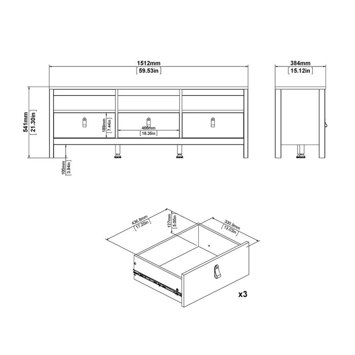 Barcelona TV Unit 3 Drawers in Matt Black