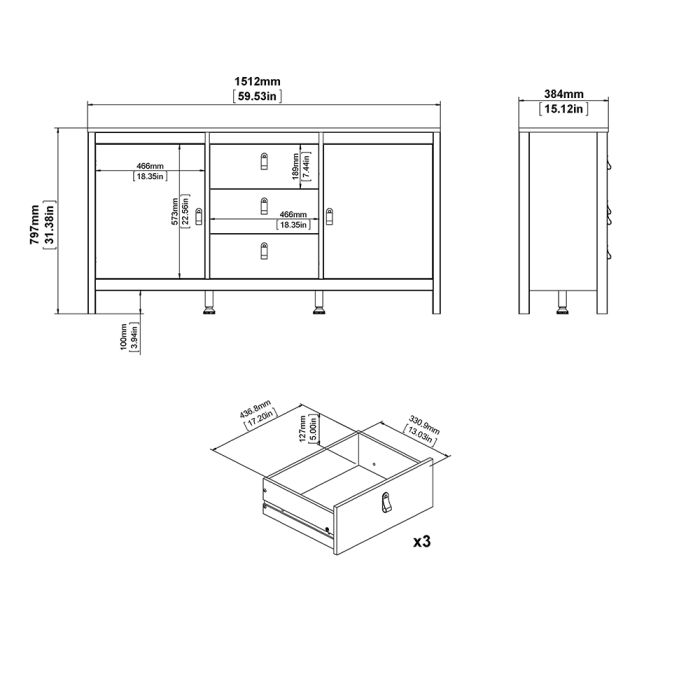 Barcelona Sideboard 2 Doors 3 Drawers in White