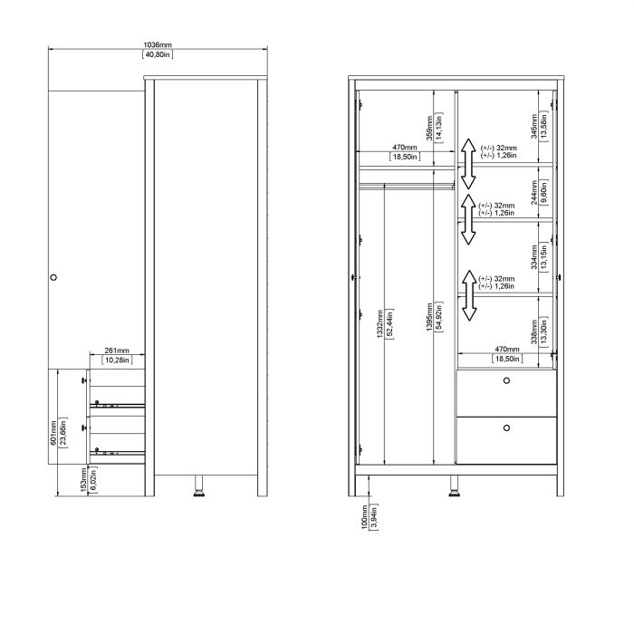 Madrid Wardrobe with 1 Door 1 Mirror Door 2 Drawers White