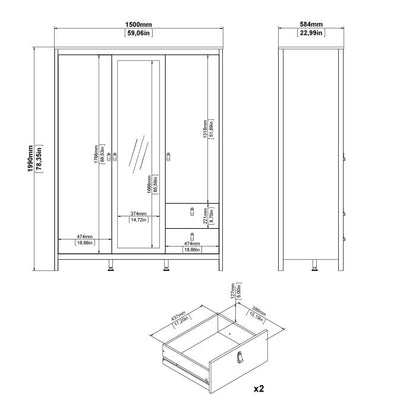 Madrid  Wardrobe with 2 Doors 1 Mirror Door 2 Drawers Matt Black