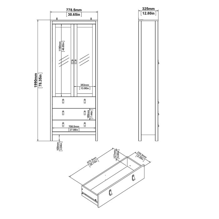 Madrid China Cabinet 2 Glass Doors with 3 Drawers in Matt Black