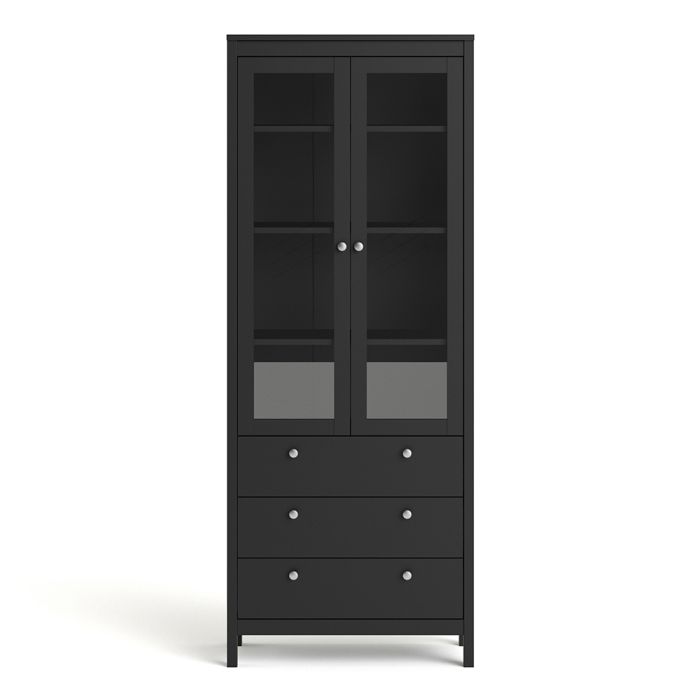 Madrid China Cabinet 2 Glass Doors with 3 Drawers in Matt Black