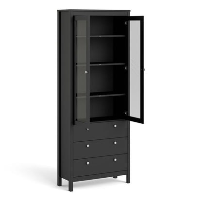 Madrid China Cabinet 2 Glass Doors with 3 Drawers in Matt Black