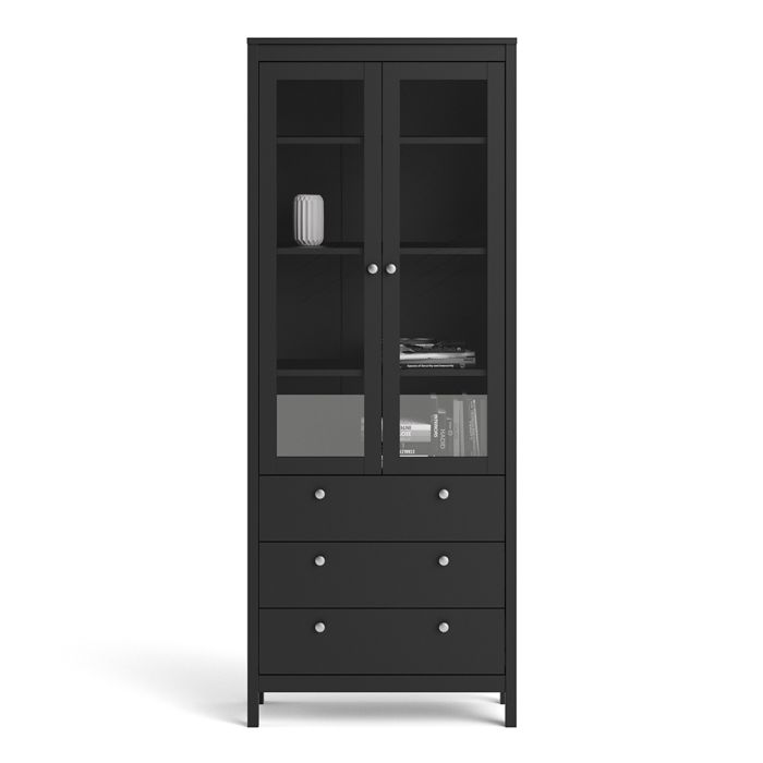 Madrid China Cabinet 2 Glass Doors with 3 Drawers in Matt Black