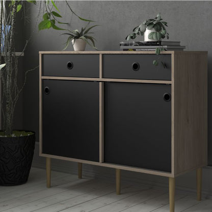 Rome Sideboard 2 Sliding Doors 2 Drawers in Jackson Hickory Oak and Matt Black