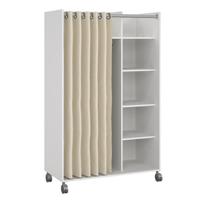 Uppsala Open Mobile Wardrobe Unit in White with a Beige Textile Curtain on Wheels