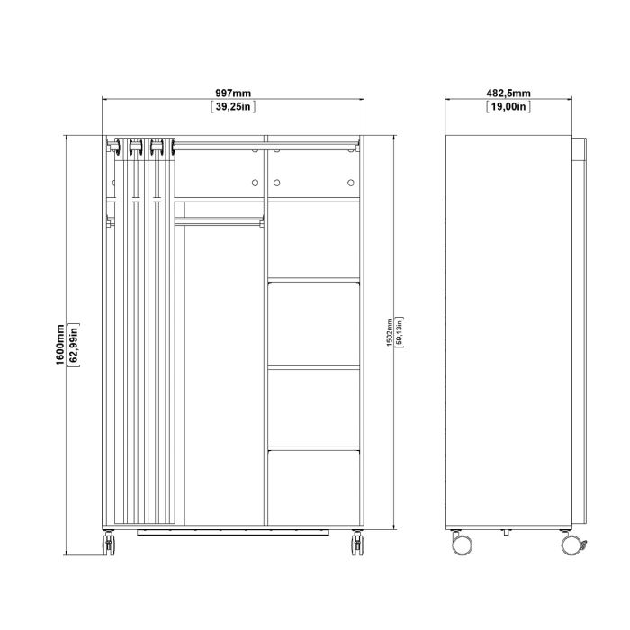 Uppsala Open Mobile Wardrobe Unit in White with a Beige Textile Curtain on Wheels