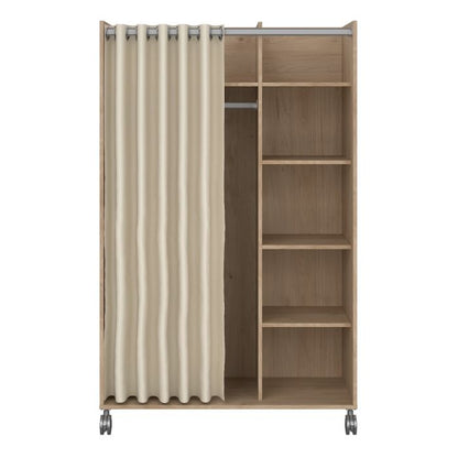 Uppsala Open Mobile Wardrobe Unit in Jackson Hickory Oak with a Beige Textile Curtain on Wheels