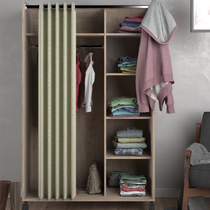 Uppsala Open Mobile Wardrobe Unit in Jackson Hickory Oak with a Beige Textile Curtain on Wheels