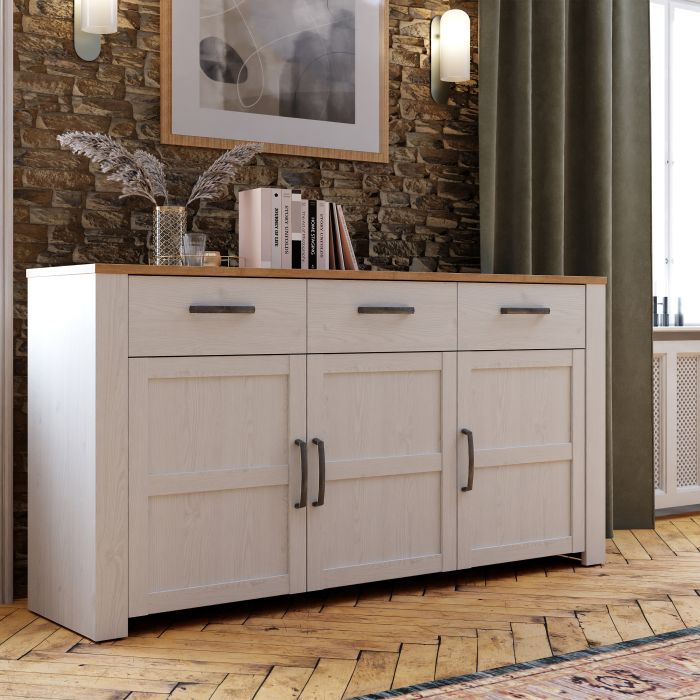 Bohol 3 Door 3 Drawer Sideboard in Riviera Oak/White