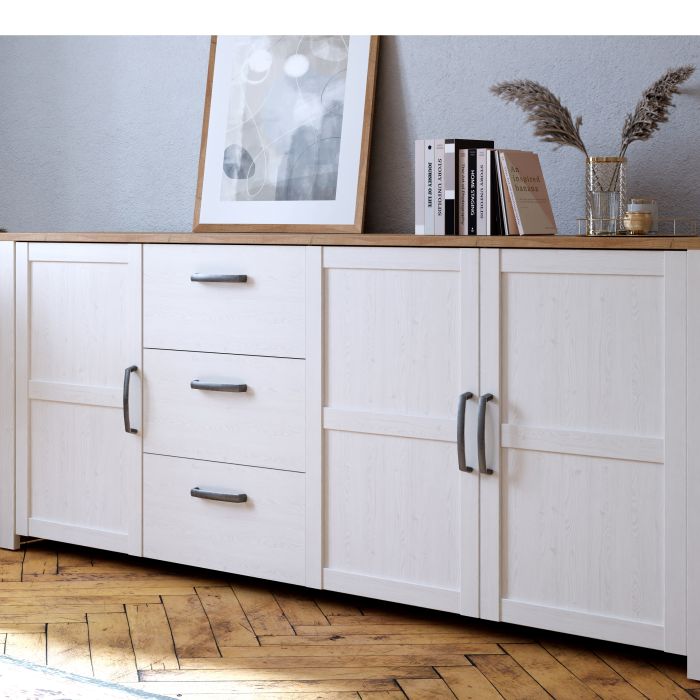 Bohol 3 Door 3 Drawer Large Sideboard in Riviera Oak/White