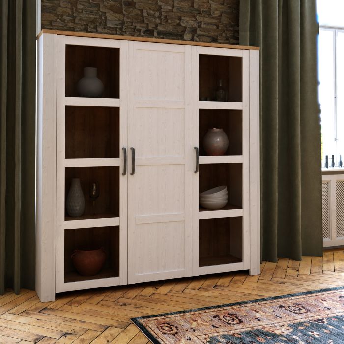 Bohol 3 Door Large Display Cabinet in Riviera Oak/White