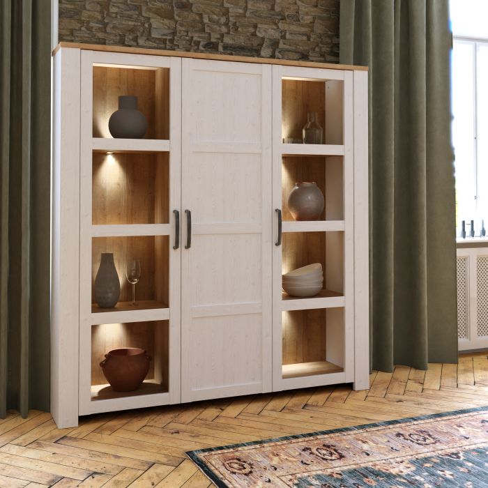 Bohol 3 Door Large Display Cabinet in Riviera Oak/White