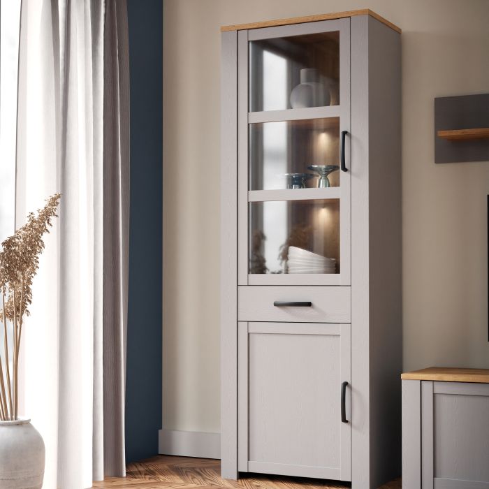 Bohol 2 Door 1 Drawer Narrow Display Cabinet in Riviera Oak/Grey Oak