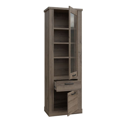 Corona 2 Door 1 Drawer 3 Shelve Narrow Display Cabinet in Tabak Oak