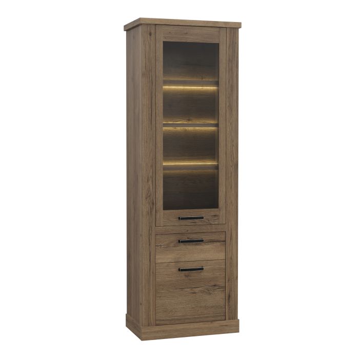 Corona 2 Door 1 Drawer 3 Shelve Narrow Display Cabinet in Tabak Oak