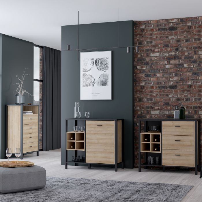 High Rock Chest of 4 Drawers in Matt Black/Riviera Oak