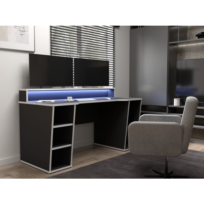 Tezaur Black Gaming Desk with White Trim and Colour Changing LED